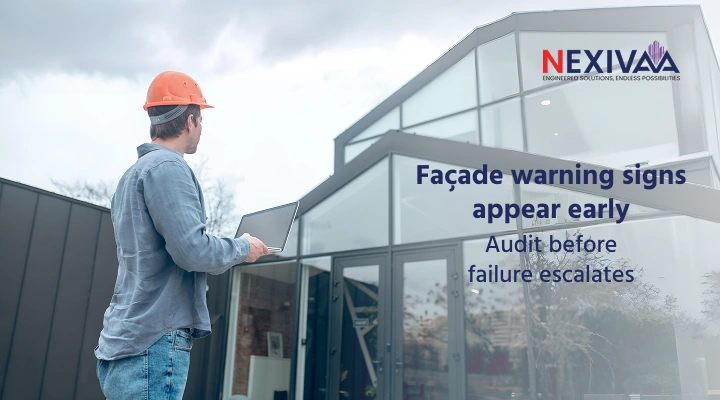 Nexivaa conducting façade performance audit on commercial building exterior to detect envelope failures
