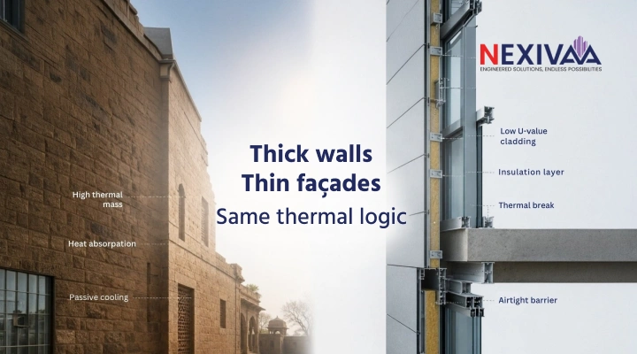 Thermal cross-section diagram of a modern cladding wall assembly showing insulation layers and thermal break points
