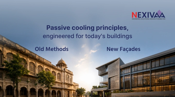 Side-by-side of a traditional Indian jaali screen and a modern perforated metal façade panel showing the design parallel