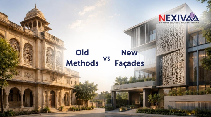 Side-by-side of a traditional Indian jaali screen and a modern perforated metal façade panel showing the design parallel