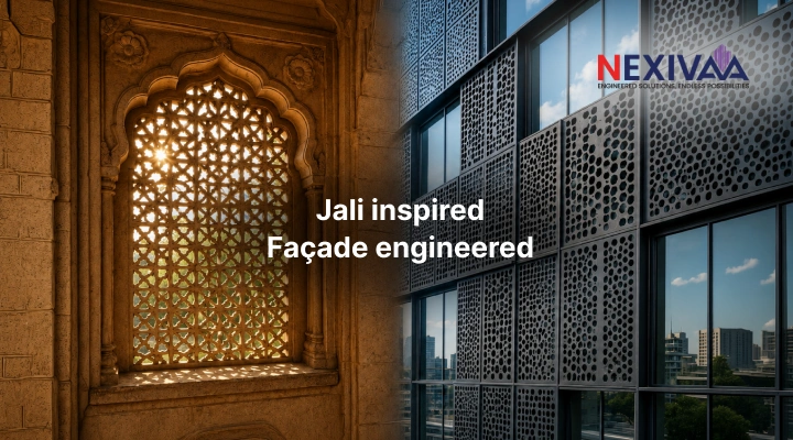 Side-by-side comparison of a traditional Indian carved stone jali screen and a modern perforated metal façade panel
