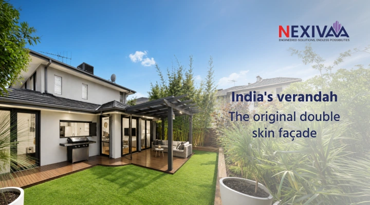 Side-by-side of a traditional Indian verandah on a colonial bungalow and a modern double skin façade on a commercial building showing the design parallel